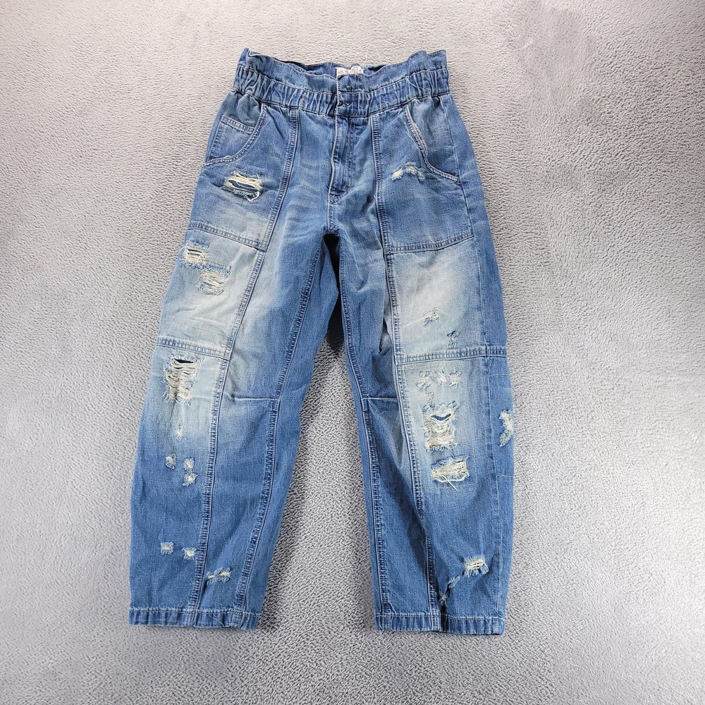 We The Free Jeans Womens XS Blue Barrel Wide Leg Cropped Distressed Denim